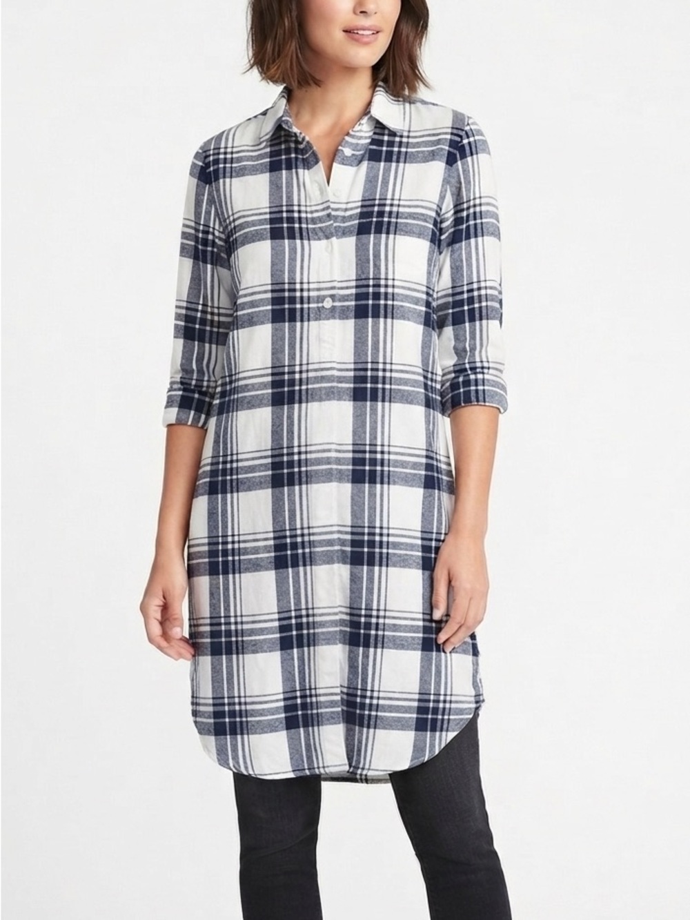 J. CREW MERCANTILE White Blue Plaid Flannel Tunic Top Dress Buttons Size Medium